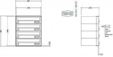 RENZ Briefkastenanlage Unterputz, Schattenfugenrahmen, Kastenformat 370x110x270mm, 4-teilig,